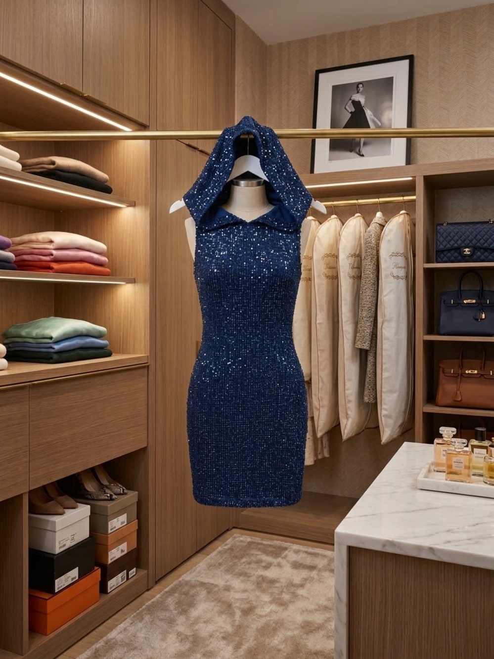 Navy Sparkle Hooded Sheath Dress